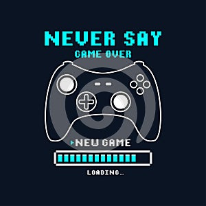 Joysticks gamepad t-shirt design with pixel text and slogan. Tee shirt typography graphics for gamers. Slogan print for video game photo